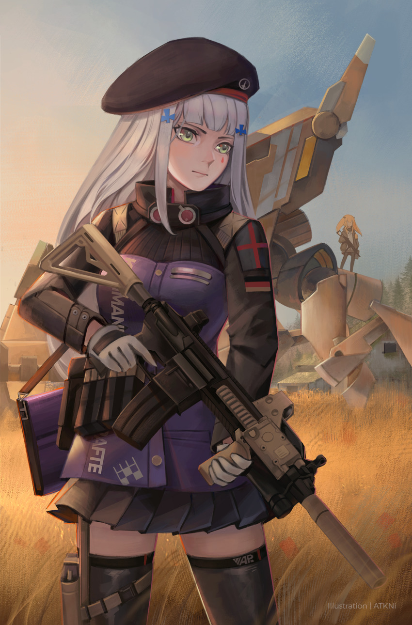 2girls, assault_rifle, atokani, girls'_frontline, green_eyes, gun, h&amp;k_hk416, highres