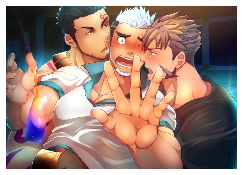 3boys, alternate_costume, arguing, bara, black_hair, blue_eyes, blush, brown_hair