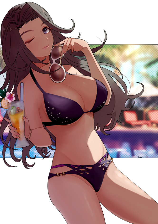 1girl, bikini, blush, breasts, brown_hair, dutch_angle, unworn_eyewear, holding