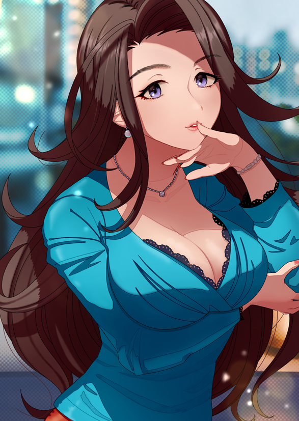 1girl, arm_under_breasts, blue_sweater, bracelet, breasts, brown_hair, cleavage, earrings