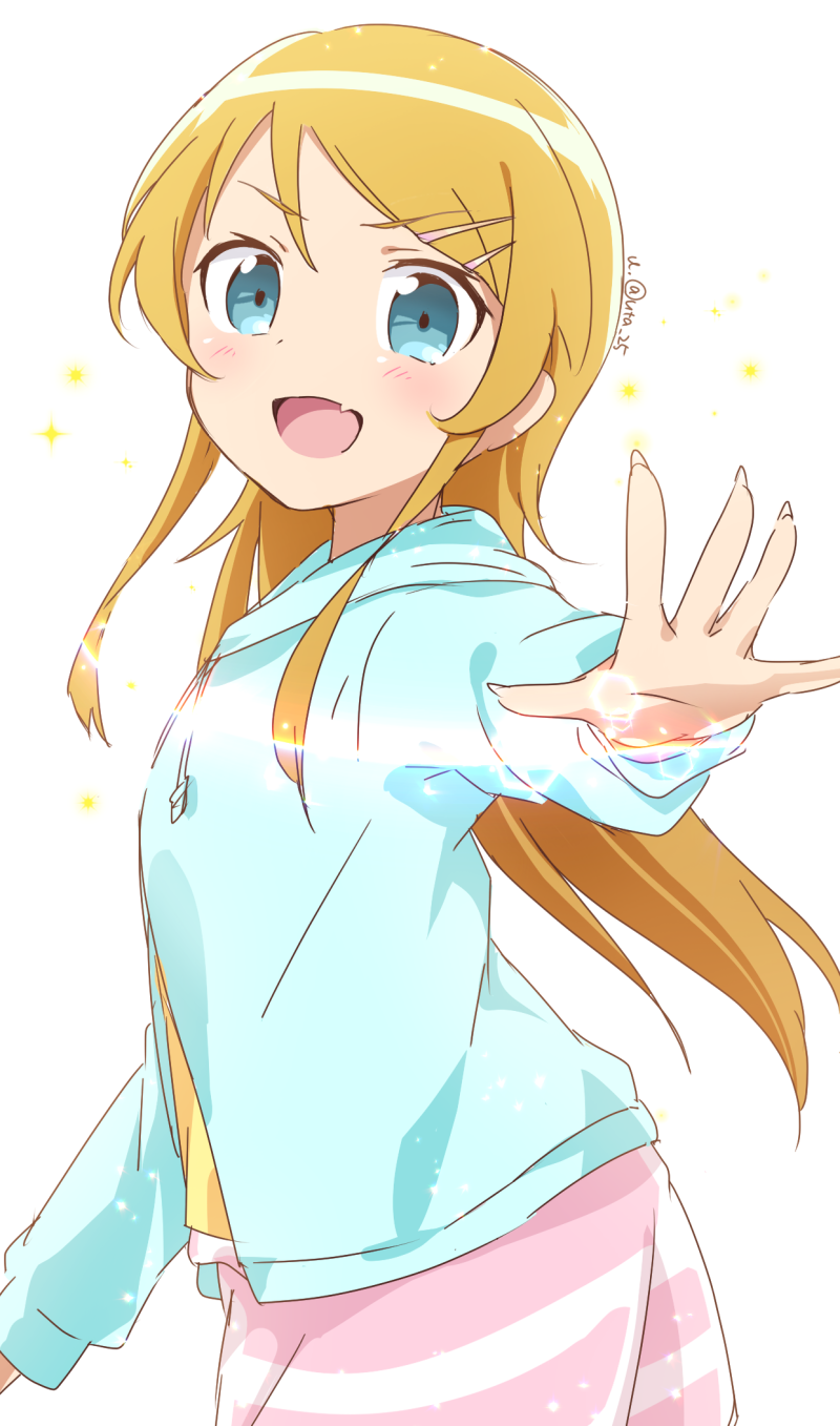 1girl, aqua_eyes, blonde_hair, blush, commentary_request, fang, fingernails, green_hoodie