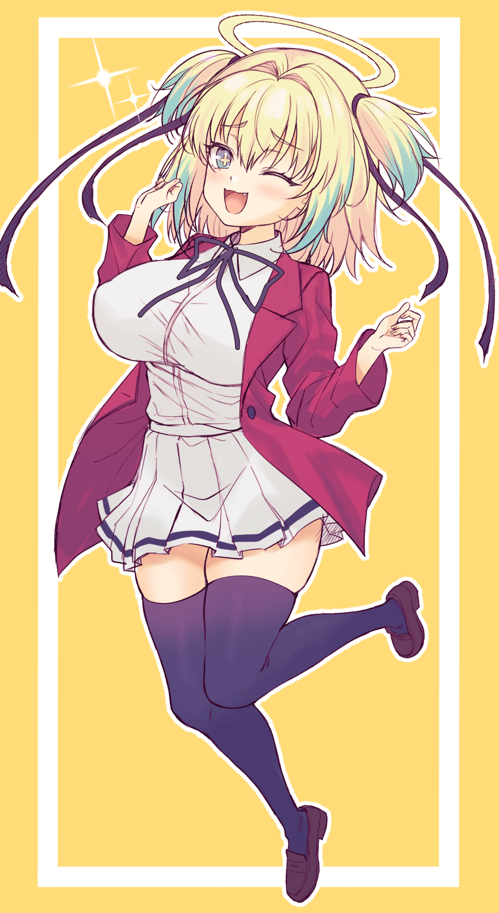 1girl, ;d, bad_id, bad_pixiv_id, black_ribbon, black_thighhighs, blazer, blonde_hair, blue_eyes, bokusatsu_tenshi_dokuro-chan, bombergirl, breasts, brown_shoes, collared_shirt, cosplay, dress_shirt, full_body, green_hair, hair_between_eyes, hair_ribbon, halo, hands_up, highres, honami_(yths4221), jacket, large_breasts, loafers, long_sleeves, looking_at_viewer, mitsukai_dokuro, mitsukai_dokuro_(cosplay), multicolored_hair, neck_ribbon, one_eye_closed, open_clothes, open_jacket, open_mouth, outline, pine_(bombergirl), pleated_skirt, red_jacket, ribbon, shirt, shoes, skirt, smile, solo, sparkle, streaked_hair, thighhighs, two-tone_background, two_side_up, white_background, white_outline, white_shirt, white_skirt, yellow_background