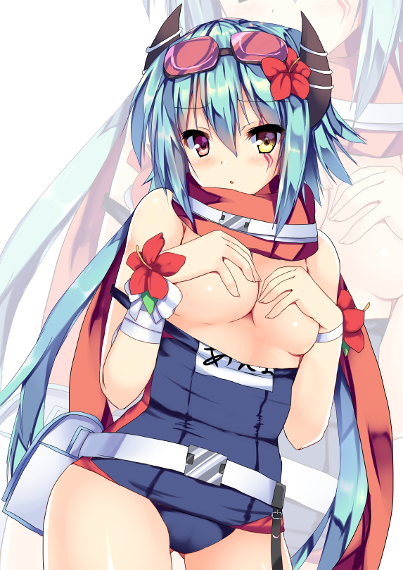 :o, anna_(princess_connect!), anna_(summer)_(princess_connect!), blue_hair, blush, breasts, commentary_request, covering_breasts