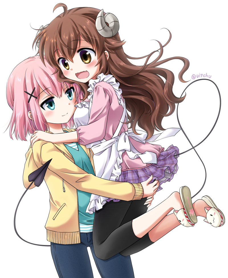 2girls, :d, ahoge, animal_slippers, apron, blush, brown_hair, cat_slippers, chiyoda_momo, couple, curled_horns, demon_girl, demon_horns, demon_tail, expressive_tail, fang, hair_ornament, happy, hood, hoodie, horns, hug, lifting_person, long_hair, machikado_mazoku, metako_(machikado_mazoku), multiple_girls, open_mouth, pants, pink_hair, short_hair, simple_background, smile, tail, tail_wrap, takano_ui, yoshida_yuuko, yuri