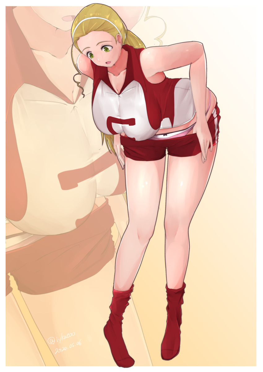 1girl, absurdres, blonde_hair, bow, bow_panties, breasts, brown_eyes, clothes_pull