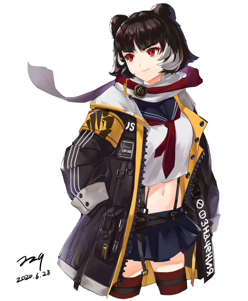 1girl, absurdres, animal_ears, arknights, bear_ears, black_footwear, black_hair, black_jacket