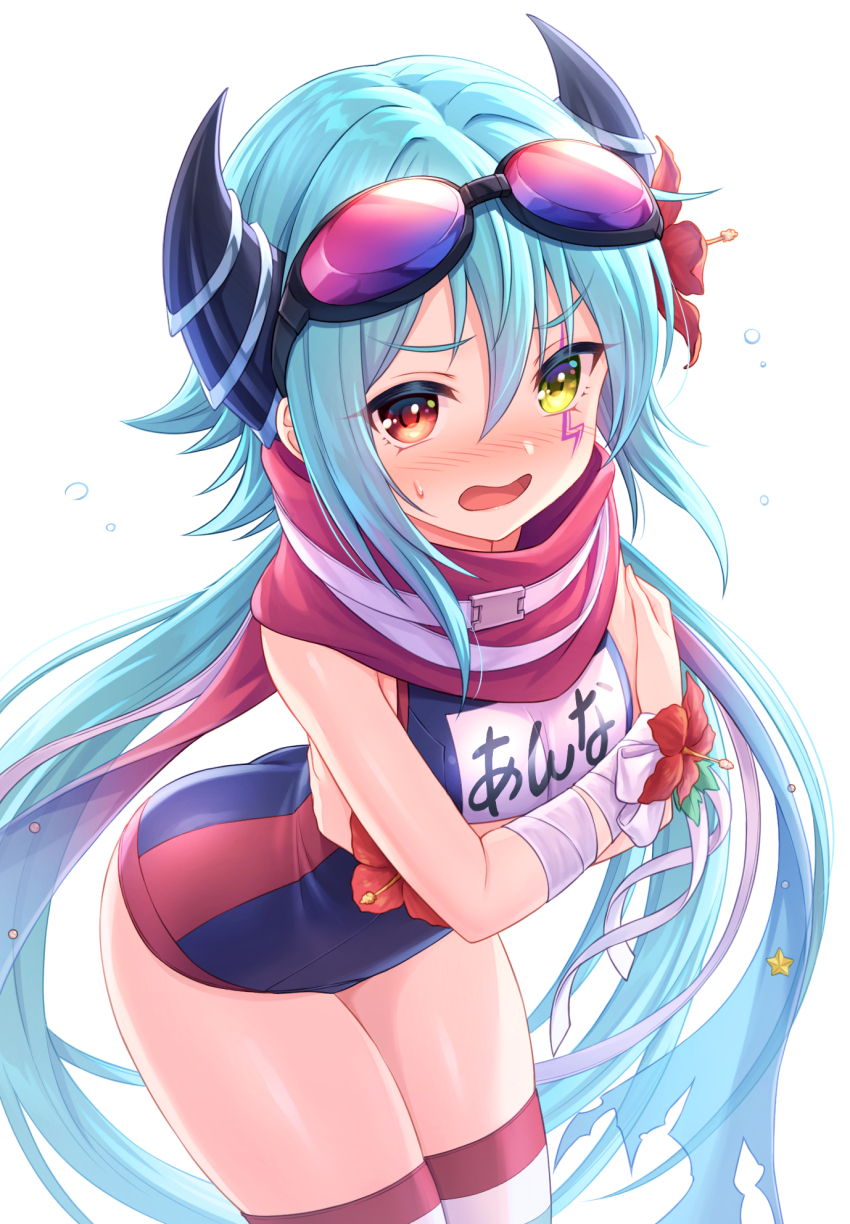 1girl, anna_(princess_connect!), anna_(summer)_(princess_connect!), bandaged_arm, bandages, blue_hair, blue_one-piece_swimsuit, blue_scarf