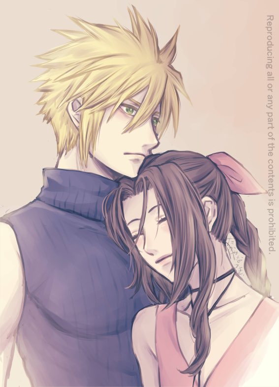 1boy, 1girl, aerith_gainsborough, bad_id, bad_twitter_id, blonde_hair, bow, braid, brown_hair, closed_eyes, cloud_strife, couple, expressionless, final_fantasy, final_fantasy_vii, green_eyes, hair_between_eyes, hair_bow, hetero, lips, long_hair, pink_bow, short_hair, sidelocks, takaya_natsuki