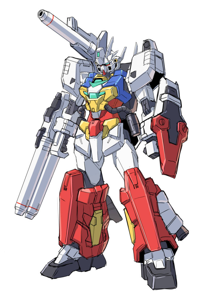 absurdres, aqua_eyes, clenched_hands, core_gundam_ii, crossover, fusion, gun, gundam, gundam_build_divers, gundam_build_divers_re:rise, highres, holding, holding_gun, holding_shield, holding_weapon, mecha, no_humans, perfect_gundam, plamo_kyoshiro, robot, shield, solo, standing, sukekiyo56, weapon, white_background