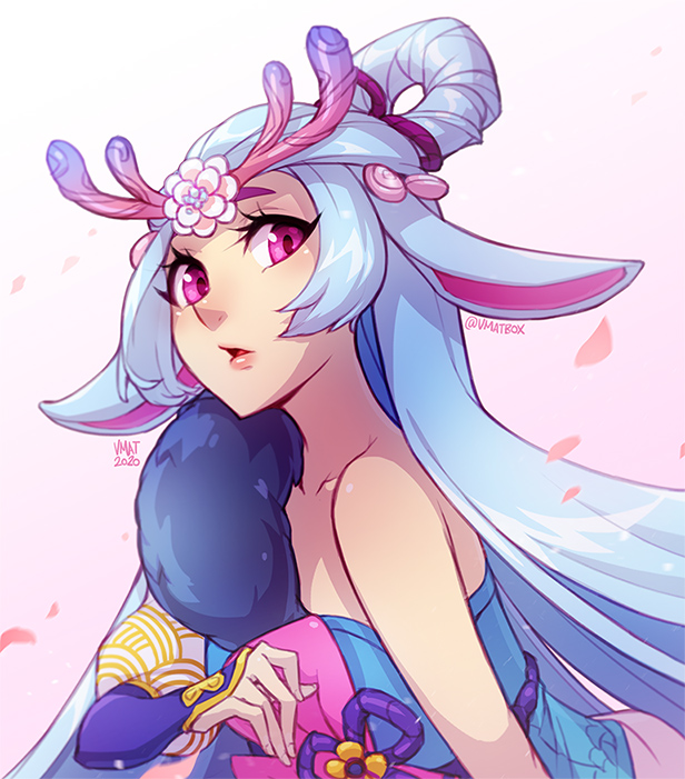 1girl, breasts, centaur, league_of_legends, lillia_(league_of_legends), lips, pointy_ears, reindeer_girl