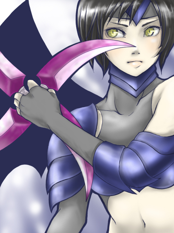 1990s_(style), alternate_costume, armor, bad_id, bad_pixiv_id, brown_hair, elbow_gloves, final_fantasy, final_fantasy_vii, fingerless_gloves, frown, gloves, headband, midriff, navel, regorock, retro_artstyle, short_hair, shuriken, sleeveless, sleeveless_turtleneck, solo, transformation, turtleneck, weapon, yellow_eyes, yuffie_kisaragi