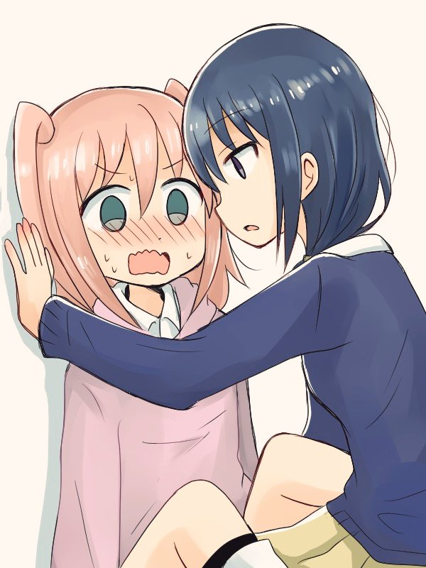 2girls, against_wall, black_hair, blue_sweater, blush, collared_shirt, commentary, eye_contact