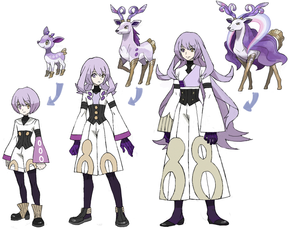 aged_down, crossover, deerling, full_body, gen_5_pokemon, heterochromia, long_hair, male_focus, nintendo, nishihara_isao, pixiv_fantasia, pixiv_fantasia_sword_regalia, pokemon, pokemon_(creature), purple_eyes, purple_hair, serini_(pixiv_fantasia), short_hair, smile, standing, sugimori_ken_(style), yellow_eyes