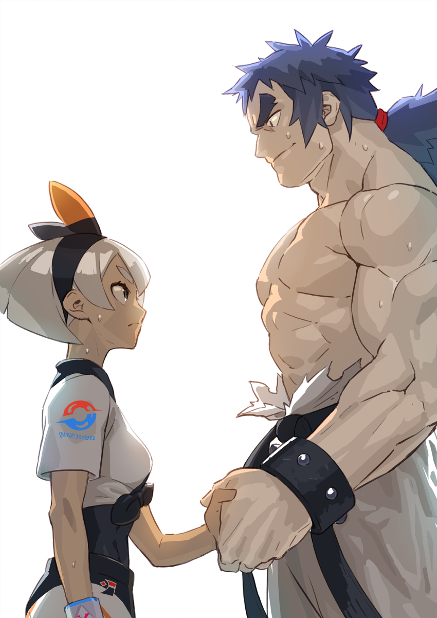 1boy, 1girl, bea_(pokemon), black_bodysuit, black_hairband, bodysuit, bodysuit_under_clothes, breasts