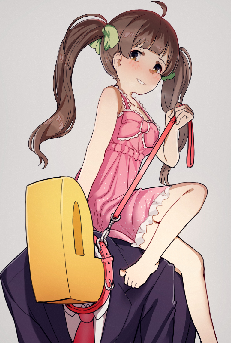 1girl, 1other, bare_arms, bare_shoulders, black_jacket, bow, brown_eyes, brown_hair