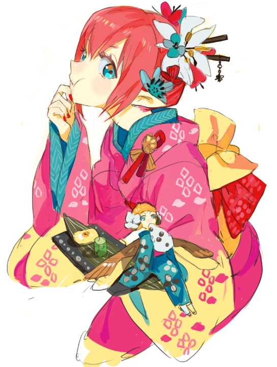 2girls, blonde_hair, blue_eyes, borrowed_character, eating, fairy, flower, hair_flower