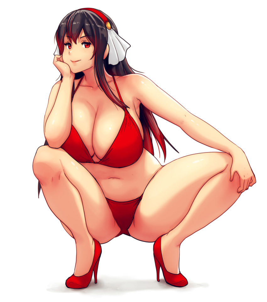 1girl, bare_shoulders, bikini, black_hair, breasts, breasts_on_lap, cleavage, closed_mouth, commentary, english_commentary, erkaz, hair_between_eyes, halterneck, hand_on_own_cheek, hand_on_own_face, hand_on_own_thigh, headband, high_heels, highres, huge_breasts, karinka_katyusha_(erkaz), long_hair, multicolored_hair, navel, original, red_bikini, red_eyes, red_footwear, smile, solo, squatting, streaked_hair, swimsuit, thighs