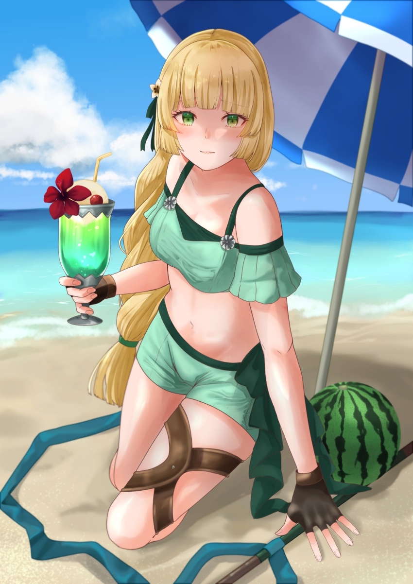 1girl, beach, beach_umbrella, bikini, blonde_hair, blue_sky, brown_gloves, closed_mouth