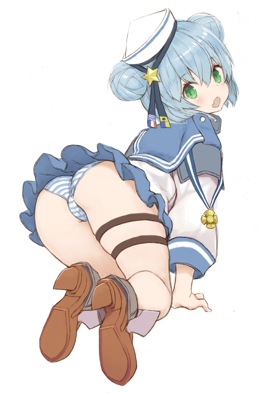 1girl, all_fours, aqua_skirt, ass, black_ribbon, blue_hair, blue_sailor_collar, dixie_cup_hat, double_bun, goekawa, green_eyes, hair_bun, hat, hat_ribbon, high_heels, highres, kantai_collection, long_sleeves, military_hat, miniskirt, navy_cross, panties, pleated_skirt, ribbon, sailor_collar, samuel_b._roberts_(kancolle), school_uniform, serafuku, shirt, short_hair, simple_background, skirt, sleeve_cuffs, solo, striped_clothes, striped_panties, underwear, white_background, white_hat, white_shirt