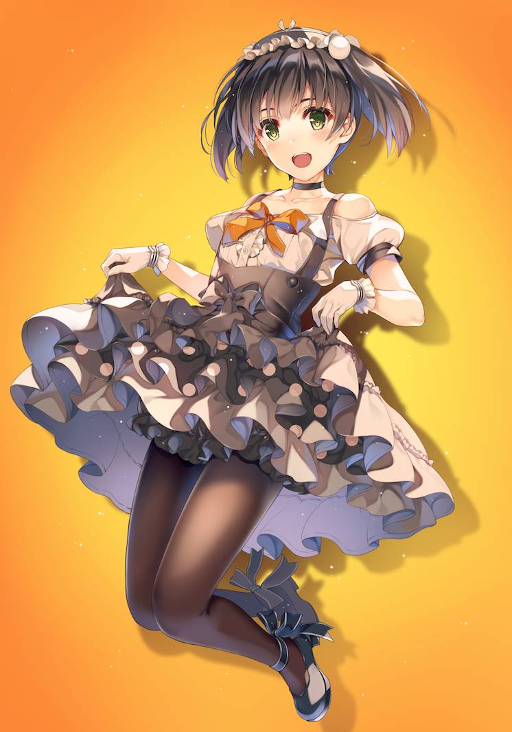 1girl, black_hair, black_pantyhose, bow, green_eyes, hairband, hakari_kanna, kanna_channel