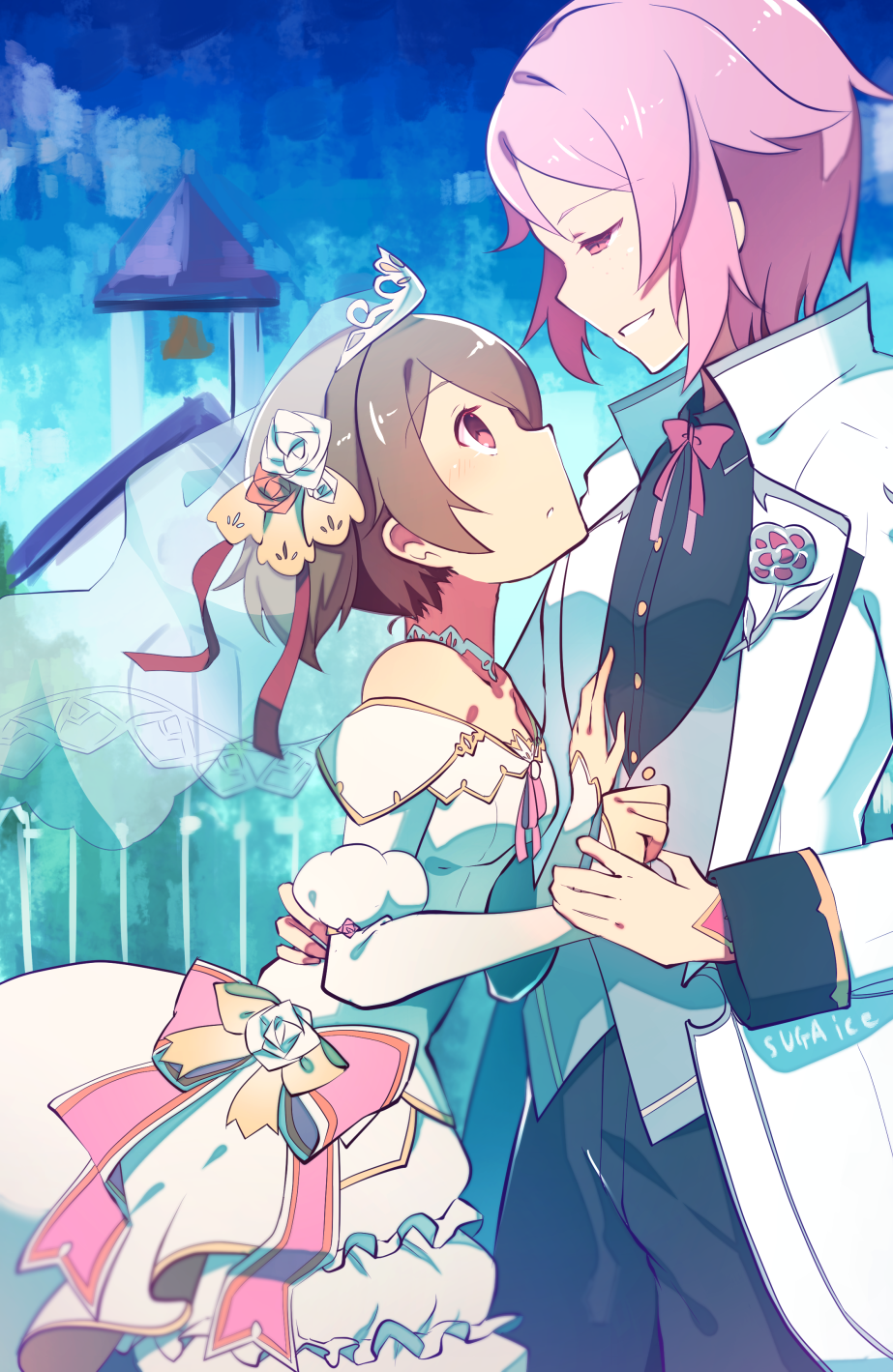 2girls, black_pants, black_shirt, blue_sky, breasts, bridal_veil, brown_hair, butch/femme_couple, coat, collared_shirt, crossdressing, crossdressing_(ftm), diadem, dress, dress_shirt, eye_contact, flower, hair_flower, hair_ornament, hair_ribbon, half-closed_eyes, highres, ice_delicious, layered_dress, lisbeth_(sao), long_sleeves, looking_at_another, multiple_girls, neck_ribbon, off-shoulder_dress, off_shoulder, outdoors, pants, pink_eyes, pink_hair, pink_ribbon, profile, red_eyes, red_flower, red_ribbon, ribbon, shirt, short_hair, short_twintails, silica, sky, small_breasts, sword_art_online, twintails, veil, vest, wedding_dress, white_coat, white_dress, white_flower, white_vest, wife_and_wife, wing_collar, yuri