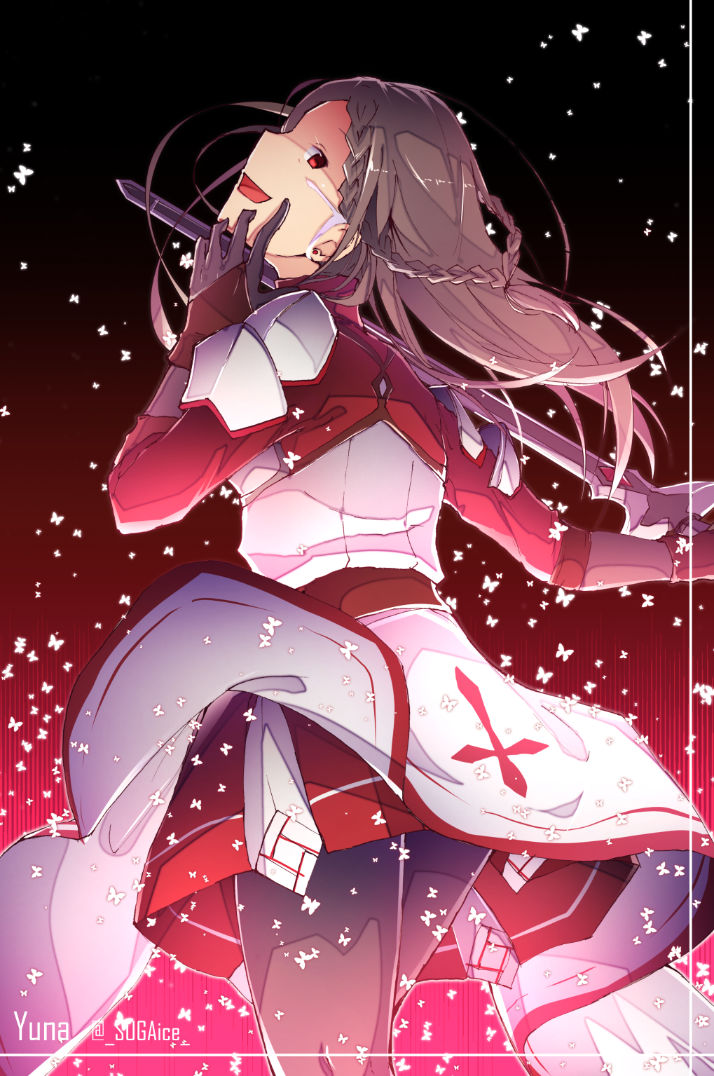 1girl, :d, armor, black_pantyhose, braid, brown_hair, character_name, floating_hair