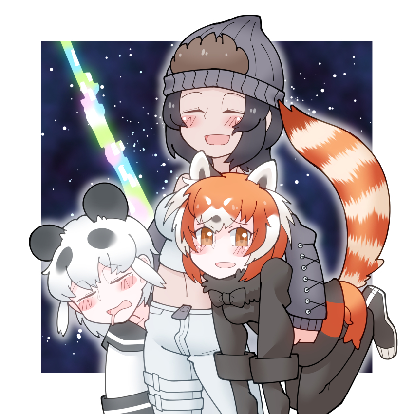 3girls, ^_^, absurdres, animal_ears, beanie, bear_ears, black_hair, border, bow, bowtie, brown_eyes, brown_hair, carrying, chibi, closed_eyes, detached_sleeves, drooling, extra_ears, fur_collar, furrowed_brow, giant_panda_(kemono_friends), gloves, western_lowland_gorilla_(kemono_friends), hat, highres, kemono_friends, kemono_friends_2, lesser_panda_(kemono_friends), long_sleeves, looking_at_viewer, midriff, mouth_drool, multicolored_hair, multiple_girls, open_mouth, panda_ears, pants, pantyhose, pantyhose_under_shorts, parsley_(simonov1941), red_panda_ears, shirt, short_sleeves, shorts, sidelocks, sky, sleeping, smile, star_(sky), star_(symbol), starry_sky, starry_sky_background, stomach, sweater, two-tone_hair, white_hair