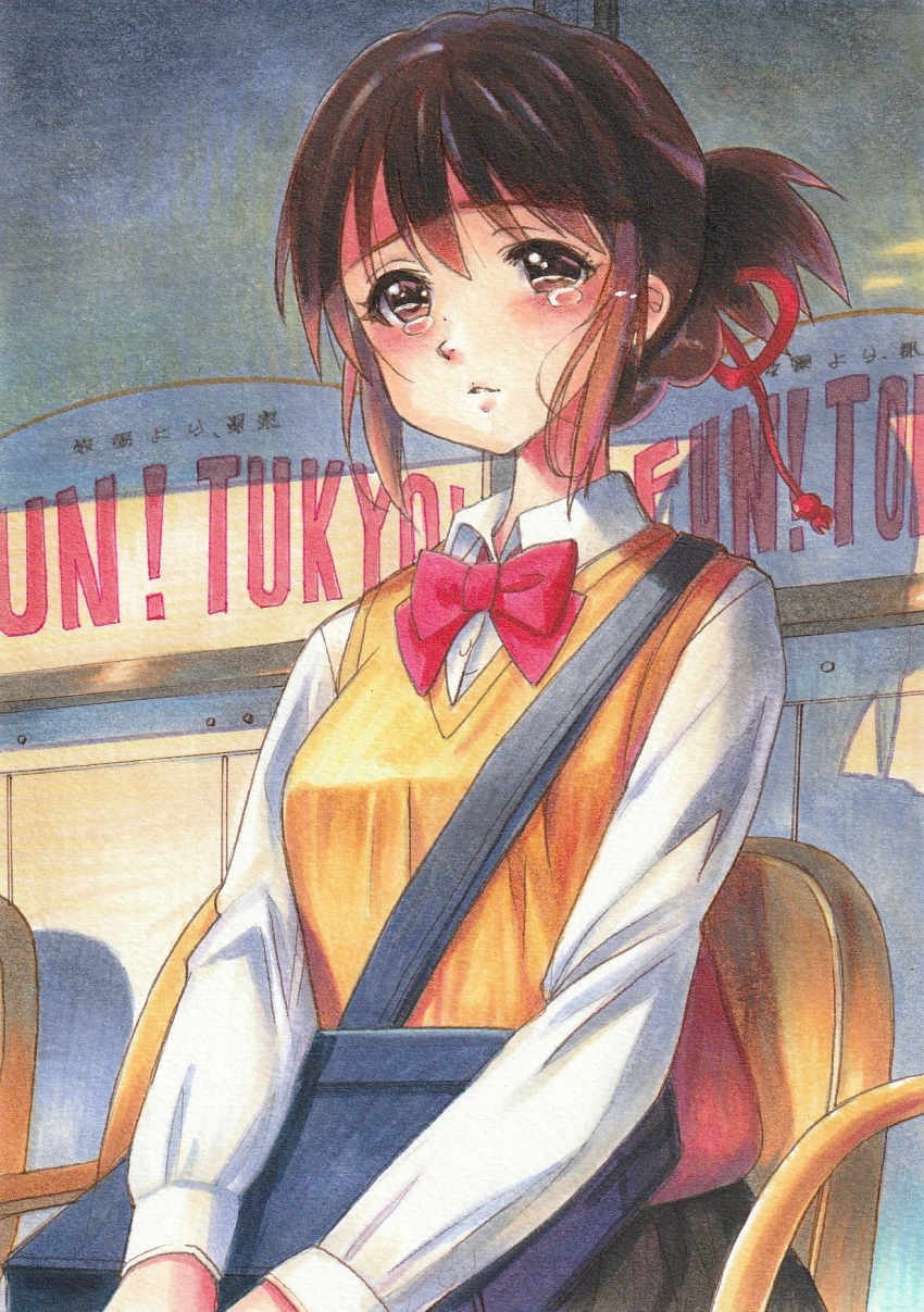 1girl, bag, blush, bookbag, bow, brown_eyes, brown_hair, chair