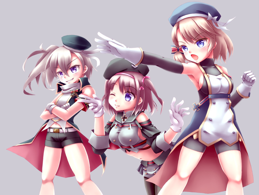 3girls, ;), arm_warmers, armband, asymmetrical_hair, azur_lane, bare_shoulders, beret, black_headwear, black_sailor_collar, black_shorts, black_skirt, blush, bodysuit, bodysuit_under_clothes, bow, breasts, brown_hair, buttons, clenched_hand, clothing_cutout, collared_shirt, commentary_request, covered_collarbone, cowboy_shot, crop_top, cross, crossed_arms, crossed_bangs, gloves, grey_background, hair_between_eyes, hair_bow, hair_ornament, hair_ribbon, hairband, hat, highres, iron_cross, kirisaku_shampoo_hat, leaning_forward, light_brown_hair, looking_to_the_side, medium_breasts, medium_hair, midriff, multiple_girls, navel, one_eye_closed, one_side_up, open_mouth, outstretched_arm, pantyhose, pink_hairband, pink_ribbon, purple_eyes, ribbon, sailor_collar, shirt, short_hair, short_shorts, shorts, shoulder_cutout, sideboob, sidelocks, silver_hair, simple_background, skirt, sleeveless, small_breasts, smile, smirk, standing, striped_bow, taut_clothes, two_side_up, v, vest, waistcoat, white_gloves, z1_leberecht_maass_(azur_lane), z23_(azur_lane), z35_(azur_lane)