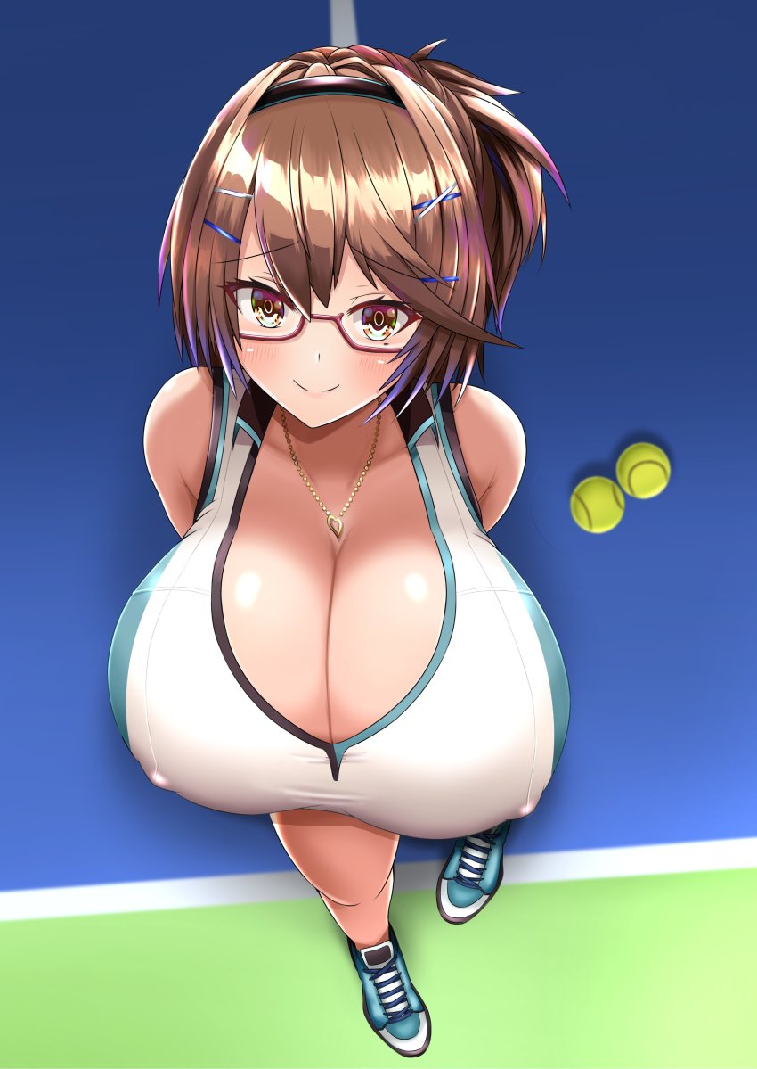 1girl, absurdres, breasts, brown_hair, cleavage, glasses, hair_ornament, highres