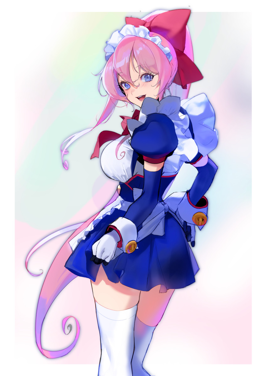 1girl, :d, apron, blue_eyes, blush, border, bow, bowtie