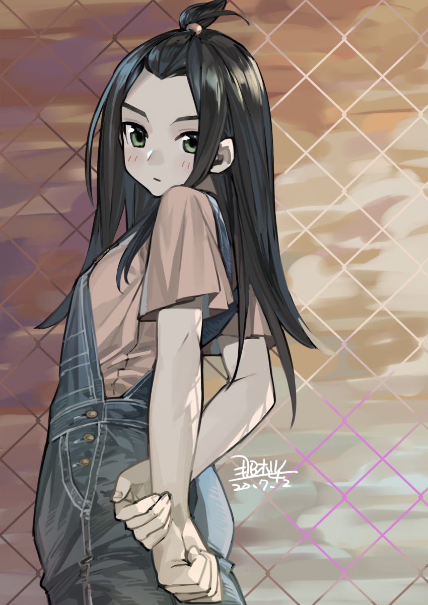 1girl, absurdres, ahoge, bangs_pinned_back, black_hair, blush, dated, denim, fence, green_eyes, hair_ornament, highres, kakei_ami, kakushigoto, long_hair, looking_at_viewer, nao_(syn_eaa), outdoors, overalls, short_sleeves, solo, standing