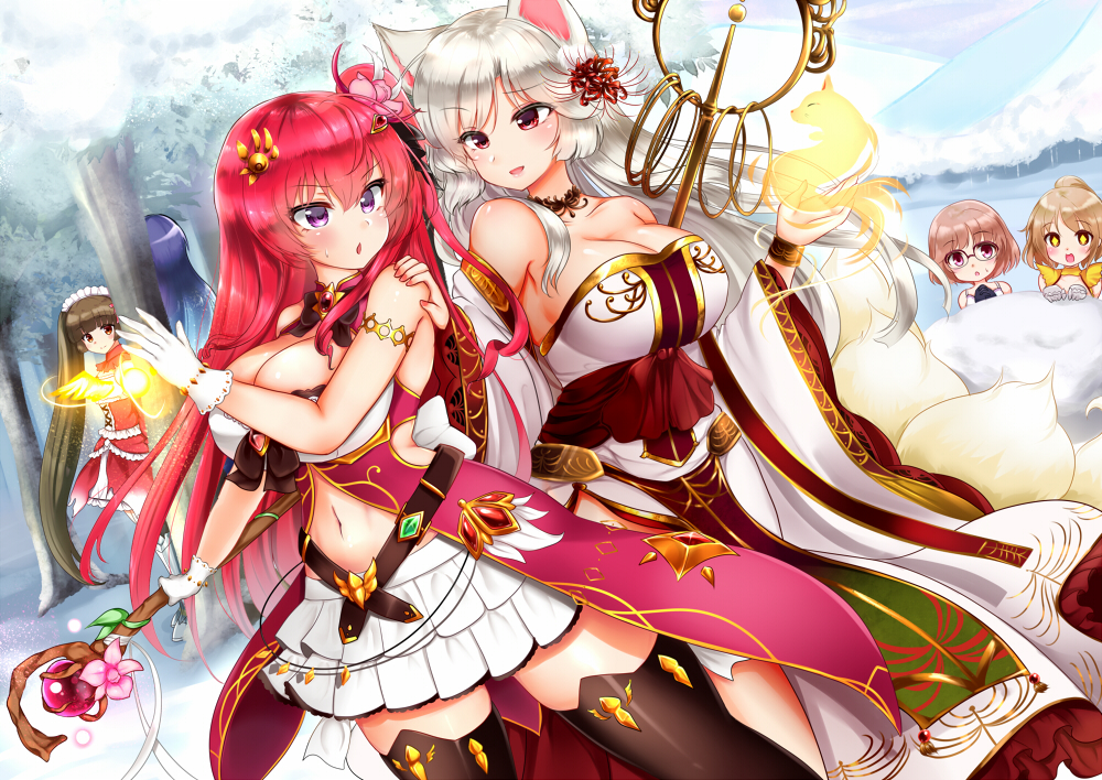 6+girls, animal_ears, ao_(ao_10bx), bare_shoulders, black_legwear, blush, breasts, brown_eyes