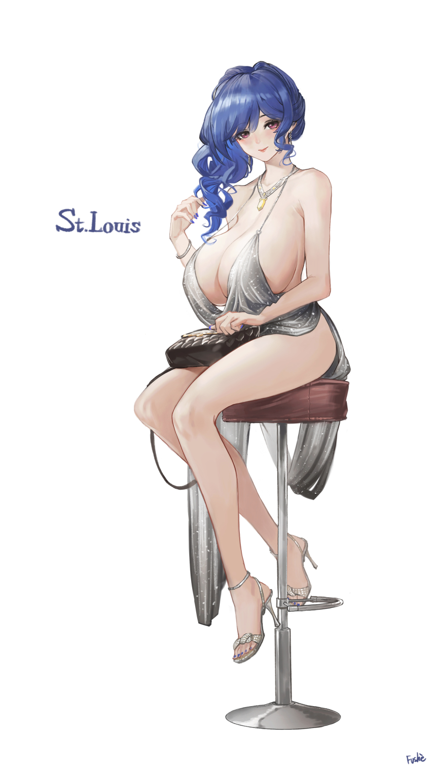 1girl, absurdres, azur_lane, backless_dress, backless_outfit, bag, bare_shoulders, blue_hair, blue_nails, blush, bracelet, breasts, character_name, cleavage, commentary_request, dress, earrings, evening_gown, fushe, glitter_dress, grey_dress, halter_dress, halterneck, handbag, high_heel_sandals, high_heels, highres, huge_breasts, jewelry, looking_at_viewer, nail_polish, necklace, pink_eyes, plunging_neckline, revealing_clothes, sandals, side_ponytail, sidelocks, signature, silver_dress, silver_sandals, sitting, smile, st._louis_(azur_lane), st._louis_(luxurious_wheels)_(azur_lane), stool, thighs