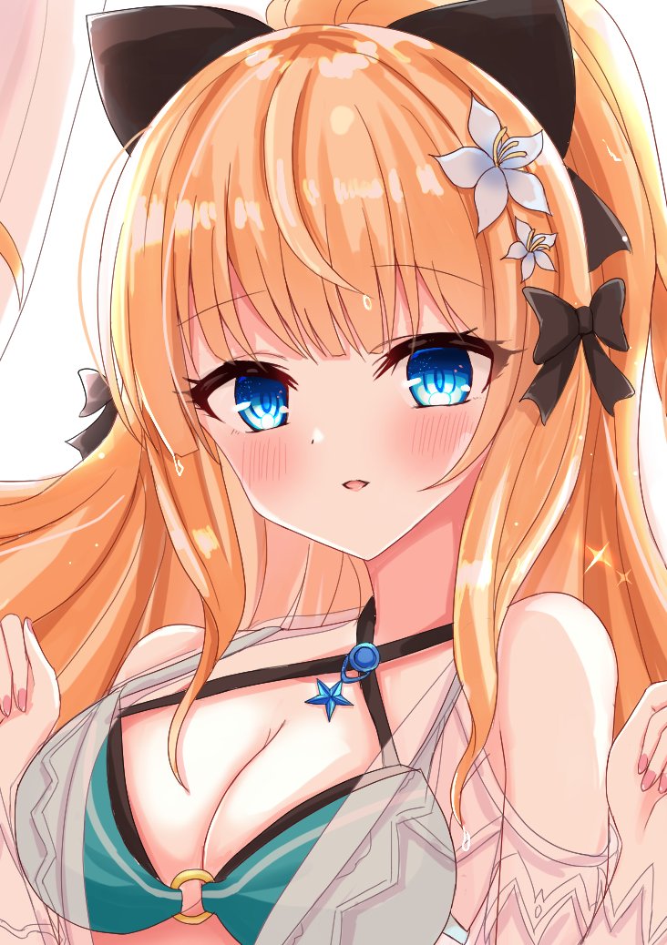 1girl, aqua_bikini, bikini, black_bow, blonde_hair, blue_eyes, blush, bow