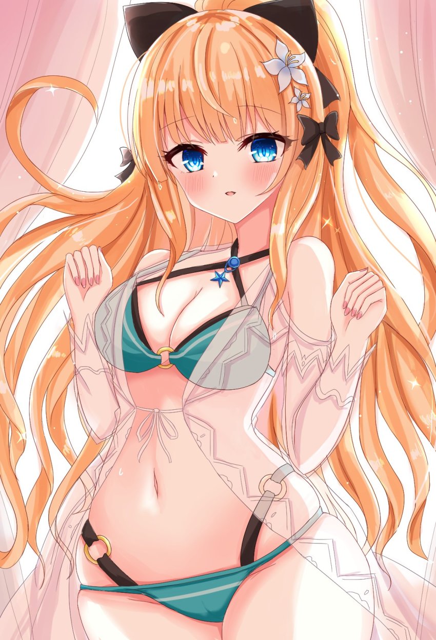 1girl, aqua_bikini, bikini, black_bow, blonde_hair, blue_eyes, blush, bow, breasts, elf, flower, hair_bow, hair_flower, hair_ornament, highres, imono_y, large_breasts, layered_bikini, long_hair, looking_at_viewer, open_mouth, pointy_ears, ponytail, princess_connect!, saren_(princess_connect!), saren_(summer)_(princess_connect!), smile, solo, swimsuit