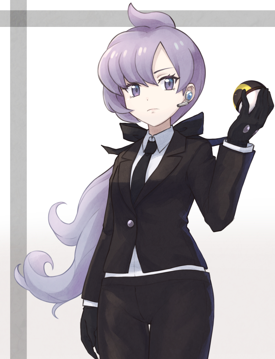 1girl, anabel_(pokemon), black_gloves, black_jacket, black_necktie, black_pants, closed_mouth, collared_shirt
