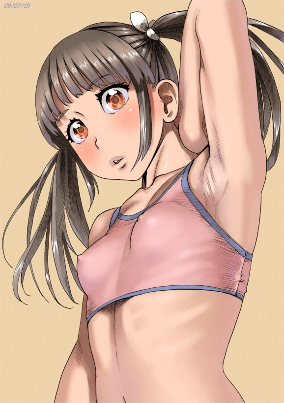 1girl, arm_up, armpits, blush, breasts, brown_hair, chitose_(zenkou), covered_erect_nipples
