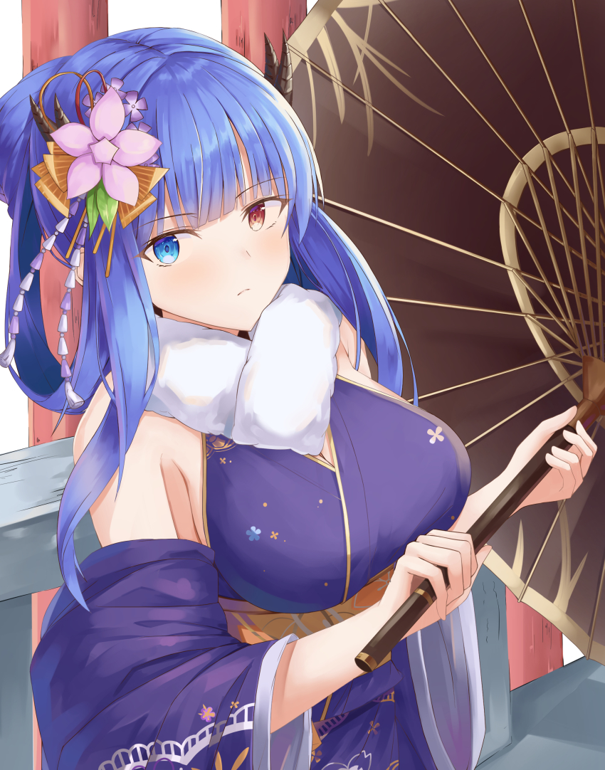 1girl, absurdres, alternate_costume, azur_lane, bare_shoulders, blue_eyes, blue_hair, blue_kimono