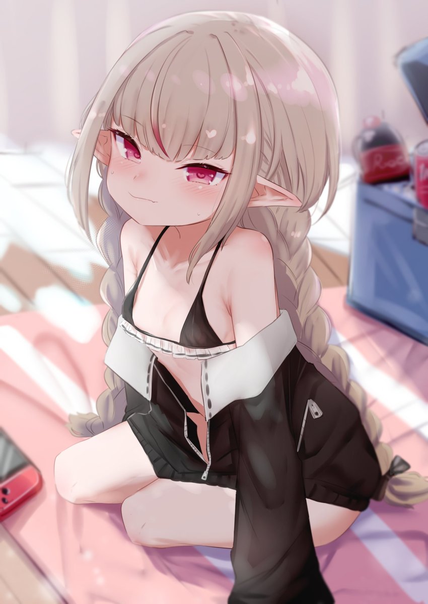 1girl, arm_support, bare_shoulders, bikini, bikini_under_clothes, black_bikini, black_ribbon, blush