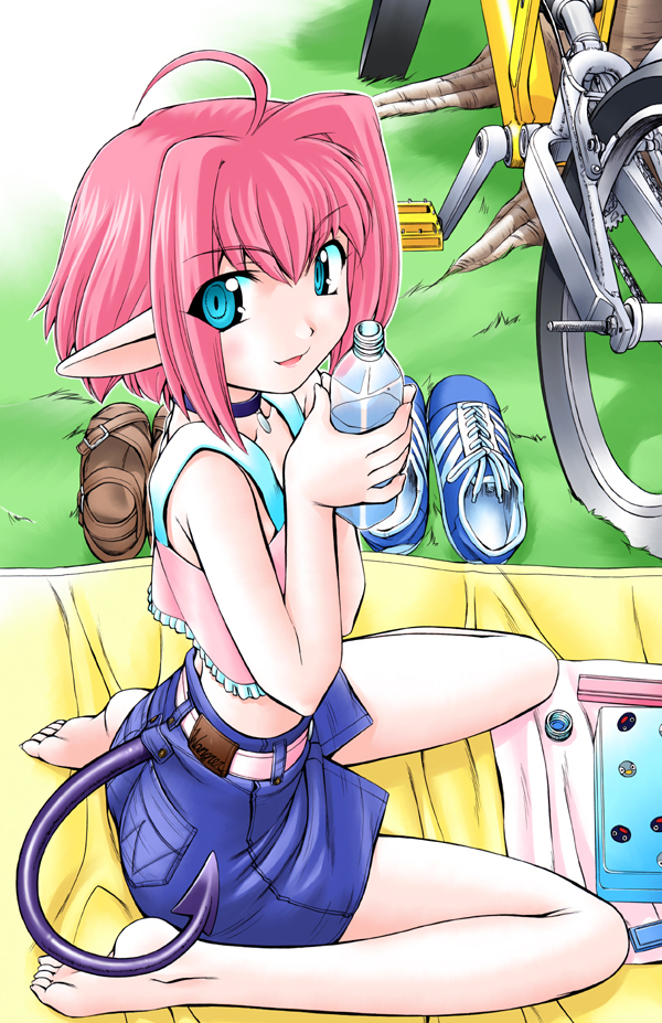 1girl, ahoge, barefoot, belt, bicycle, blanket, blue_eyes, bob_cut