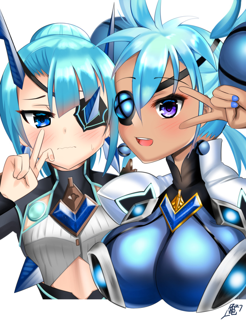 2girls, :d, aqua_hair, blue_eyes, blush, breasts, chest_jewel, dark_skin