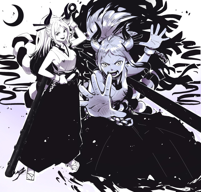 1girl, absurdres, aetherion, arm_up, bare_arms, bare_shoulders, club, club_(weapon), cuffs, earrings, floating_hair, geta, hakama, hakama_skirt, handcuffs, high_ponytail, highres, holding, holding_weapon, horns, huge_weapon, japanese_clothes, jewelry, kanabou, kataginu, kimono, long_hair, looking_at_viewer, michiyuki, multicolored_hair, multicolored_horns, one_piece, oni, open_mouth, outline, outstretched_arm, ponytail, rope, shackles, shimenawa, sidelocks, skirt, smile, solo, spread_fingers, standing, toes, v-shaped_eyebrows, weapon, weapon_on_back, yamato_(one_piece)