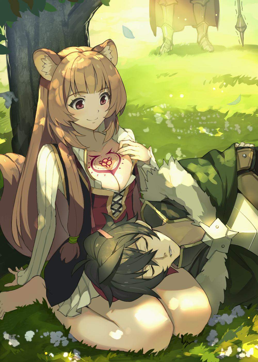 1girl, 2boys, animal_ears, armor, barefoot, black_hair, breasts, brown_hair, cape, cleavage, closed_eyes, dress, flower, fur_trim, grass, hide_(hideout), highres, iwatani_naofumi, kitamura_motoyasu, lap_pillow, leaf, long_hair, medium_breasts, multiple_boys, outdoors, plant, purple_eyes, raccoon_girl, raphtalia, seiza, sitting, sleeping, smile, tail, tate_no_yuusha_no_nariagari, tattoo, tree, white_flower