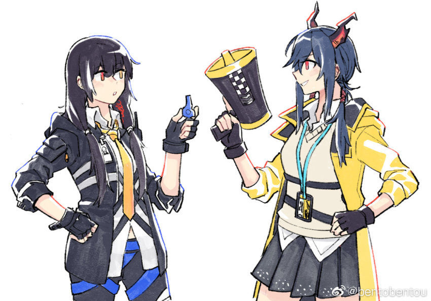 2girls, arknights, black_hair, blue_hair, ch'en_(arknights), ch'en_(arknights)_(cosplay), cosplay, costume_switch