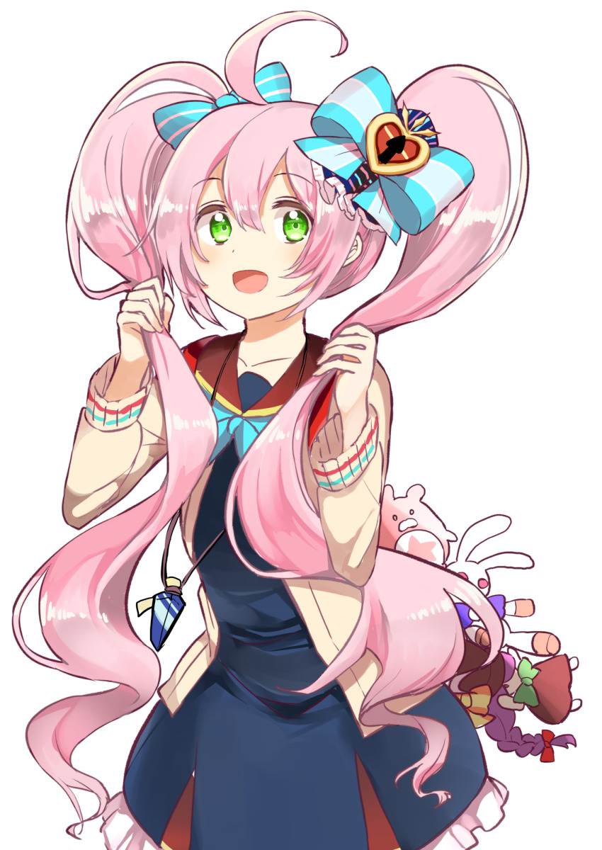 1girl, :d, aabtcndneefkg, ahoge, blue_dress, blue_neckwear, bow, brown_cardigan