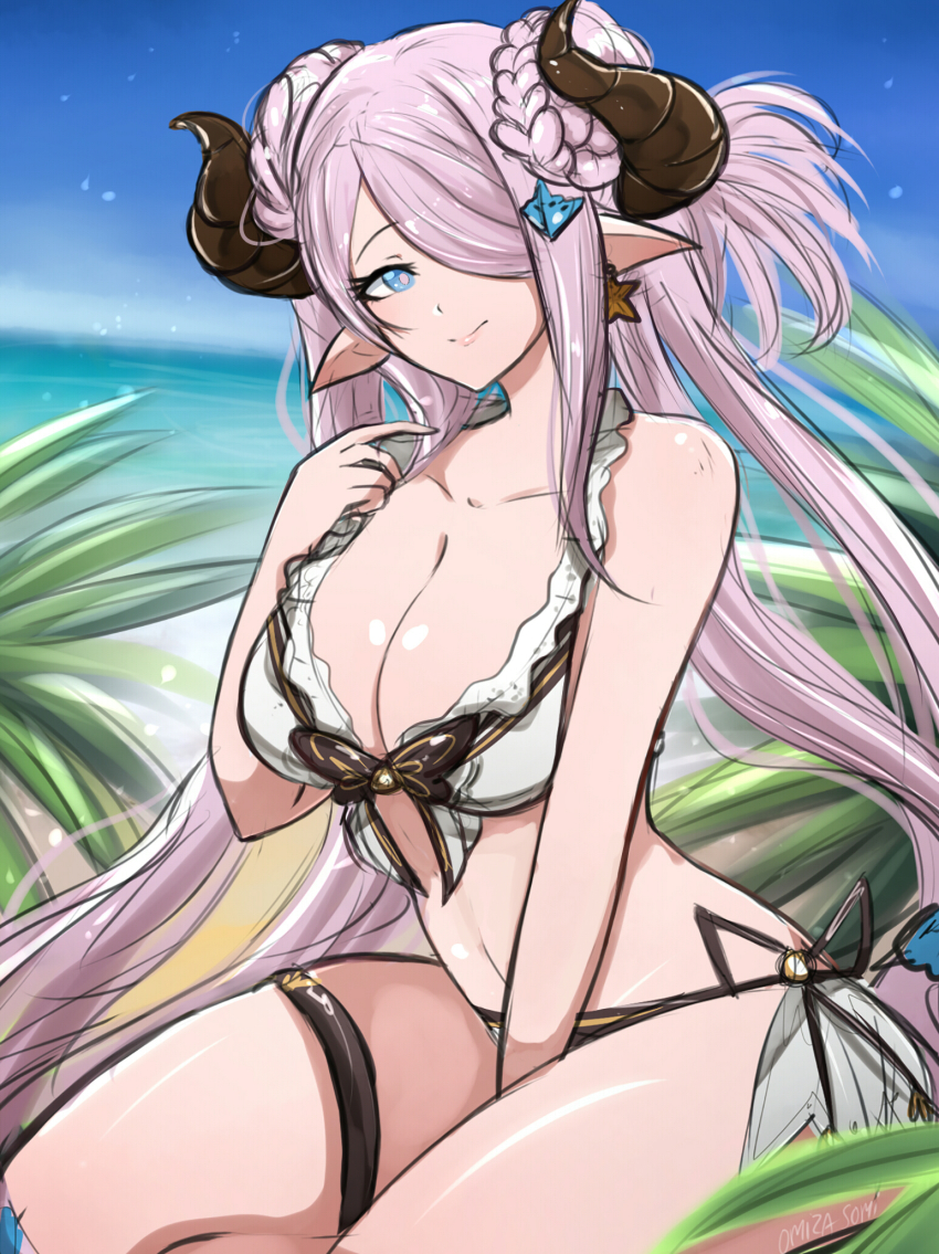 absurdly_long_hair, adjusting_hair, arm_support, artist_name, beach, between_legs, bikini, blue_eyes, blue_sky, bow, bow_bikini, braid, breasts, bright_pupils, cleavage, collarbone, commentary, day, draph, earrings, feet_out_of_frame, frilled_bikini, frills, front-tie_bikini_top, front-tie_top, granblue_fantasy, hair_ornament, hair_over_one_eye, hand_between_legs, hand_up, highres, holding, holding_own_hair, horns, jewelry, large_breasts, light_purple_hair, long_hair, looking_at_viewer, low-tied_long_hair, narmaya_(granblue_fantasy), narmaya_(summer)_(granblue_fantasy), navel, ocean, omiza_somi, one_eye_covered, outdoors, pointy_ears, sand, seiza, shiny_skin, side-tie_bikini_bottom, sidelocks, signature, single_earring, sitting, sky, smile, solo, starfish_earrings, striped_bikini, striped_clothes, swept_bangs, swimsuit, thigh_strap, twin_braids, very_long_hair, white_bikini