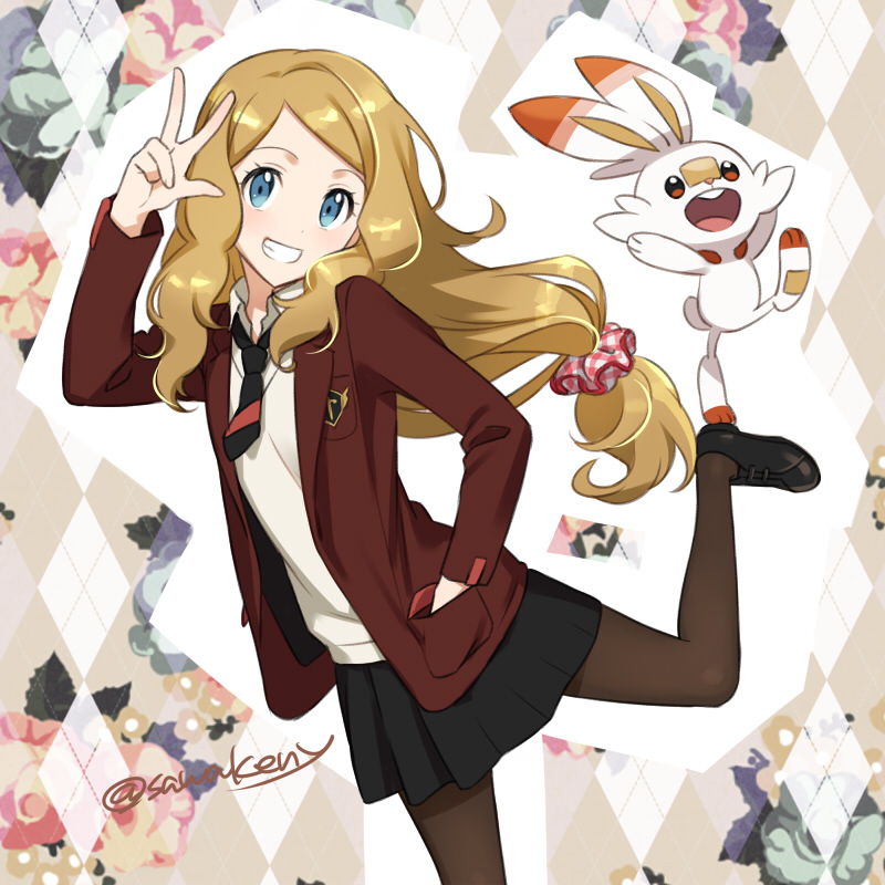 1girl, black_footwear, black_neckwear, black_pantyhose, black_skirt, blazer, blonde_hair, blue_eyes, brown_jacket, collared_shirt, cosplay, floating_hair, gen_8_pokemon, grin, hand_in_pocket, jacket, kanimaru, lass_(pokemon), lass_(pokemon)_(cosplay), lass_(pokemon_swsh), long_hair, long_sleeves, looking_at_viewer, low-tied_long_hair, miniskirt, necktie, nib_pen_(medium), nintendo, open_clothes, open_jacket, pantyhose, parted_bangs, pen_(medium), pleated_skirt, pokemon, pokemon_sword_and_shield, pokemon_x_and_y, school_uniform, scorbunny, serena_(pokemon), shirt, short_necktie, skirt, smile, standing, standing_on_one_leg, sweater, traditional_media, very_long_hair, w, white_shirt, white_sweater, wing_collar