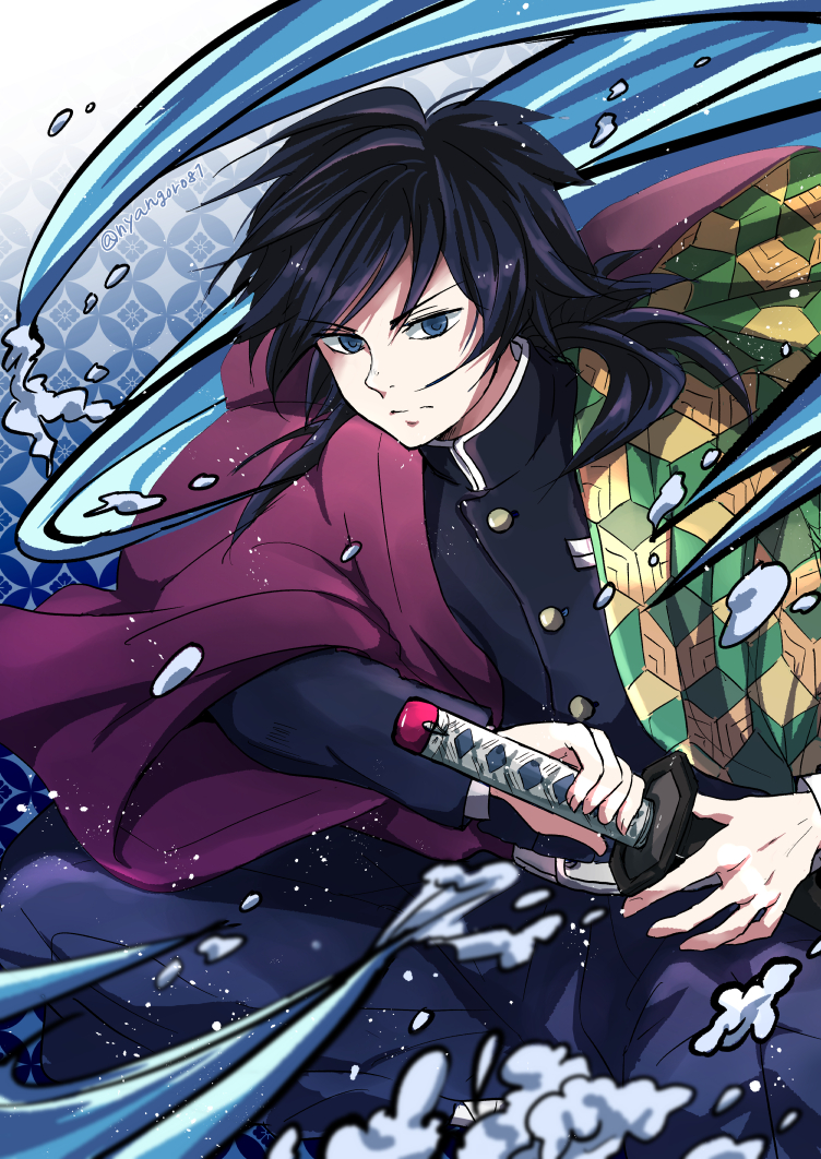 1boy, asymmetrical_clothes, black_hair, black_jacket, black_pants, blue_eyes, floating_hair, hair_between_eyes