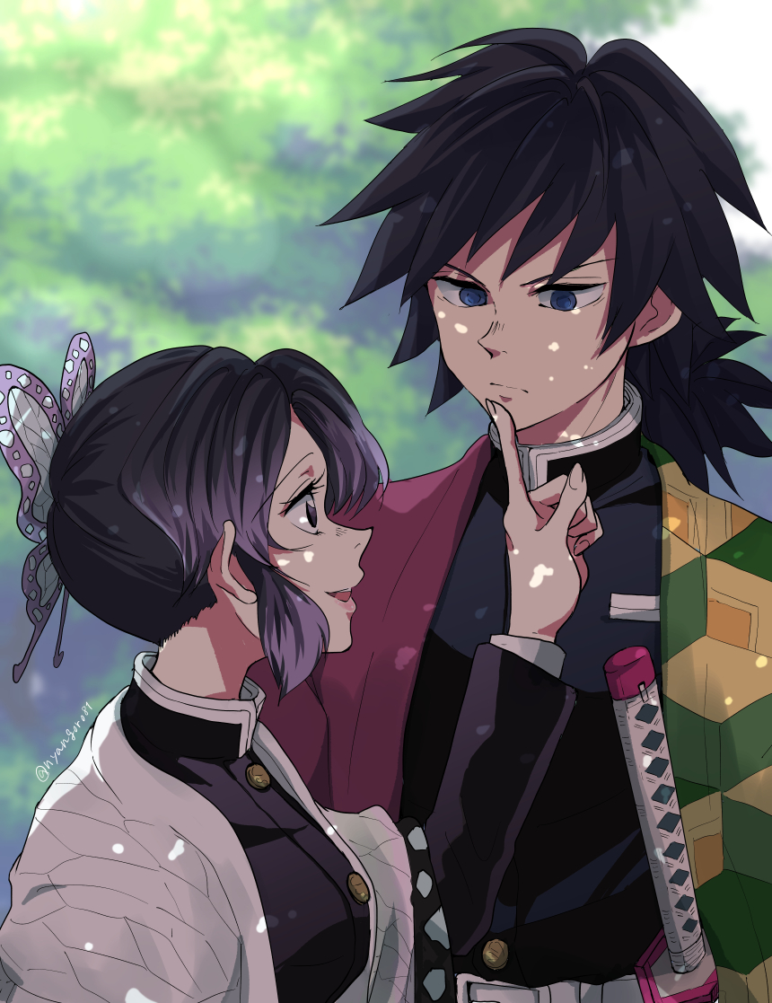 1boy, 1girl, :d, asymmetrical_clothes, belt_buckle, black_eyes, black_hair, black_jacket